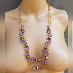 VINTAGE LAYERED GOLDTONED & PURPLE BEAD ORNATE NECKLACE